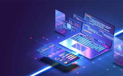 Futuristic laptop and digital devices displaying code, graphs, and data interfaces in a virtual environment.