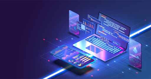 Futuristic laptop and digital devices displaying code, graphs, and data interfaces in a virtual environment.
