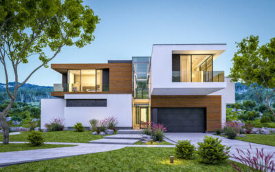 Modern Home with large glass windows, wooden accents, and landscaped garden.