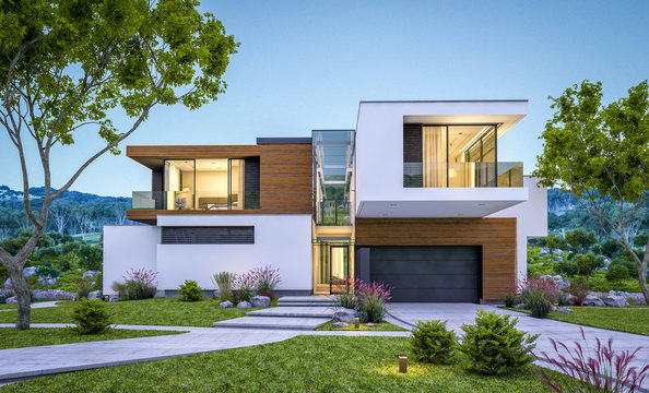 Modern Home with large glass windows, wooden accents, and landscaped garden.