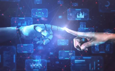 Technology The new face of today’s world Human hand touching robotic hand in a digital interface, symbolizing human-AI collaboration