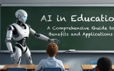 AI in Education The Future of Education Robot teacher standing in front of a classroom teaching students with AI in Education written on the chalkboard