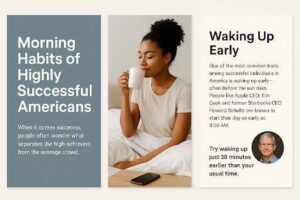 A woman enjoying a morning drink in bed with text about morning habits of highly successful Americans and the benefits of waking up early.