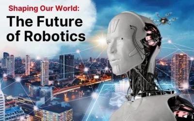 Robotics Future of Innovation and Automation Robotics Future Futuristic humanoid robot with cityscape and network connections, representing the future of robotics