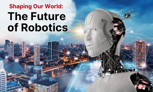 Robotics Future Futuristic humanoid robot with cityscape and network connections, representing the future of robotics