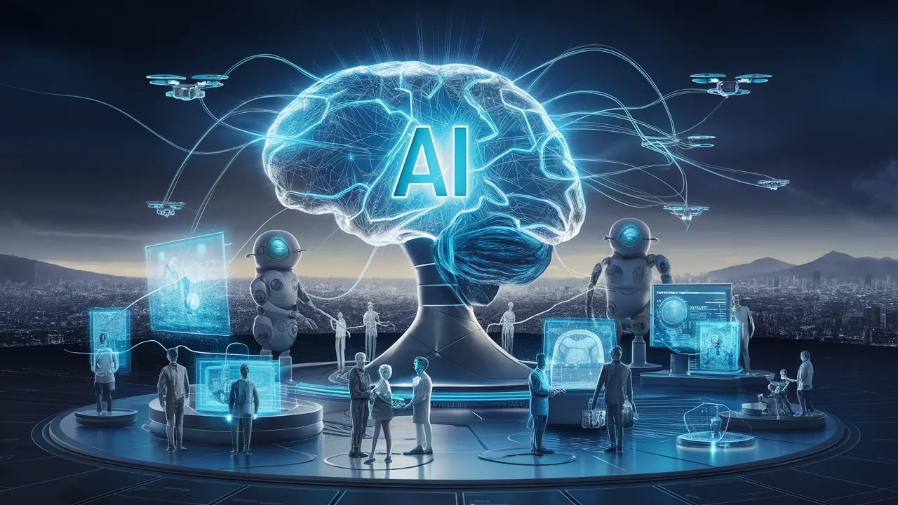 Futuristic AI brain interface connected to robots, drones, and humans in a smart digital