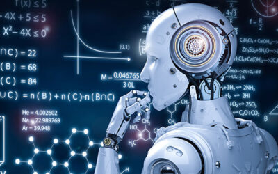 AI– The future, benefits and uses of artificial intelligence Artificial intelligence robot analyzing complex mathematical equations and data on a virtual screen