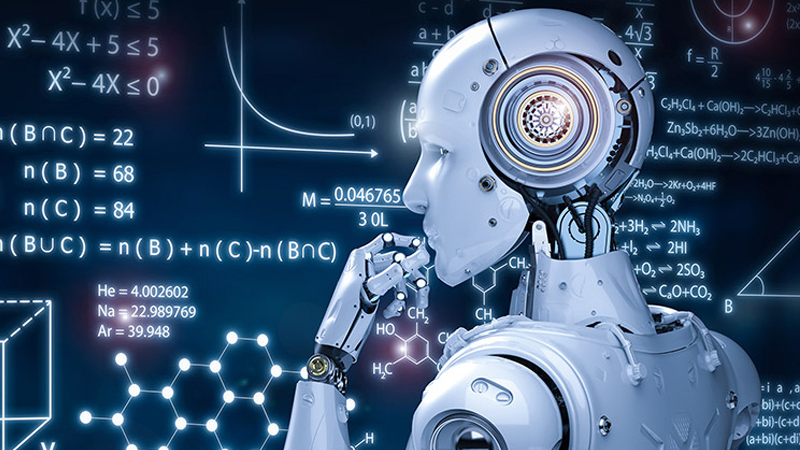 Artificial intelligence robot analyzing complex mathematical equations and data on a virtual screen