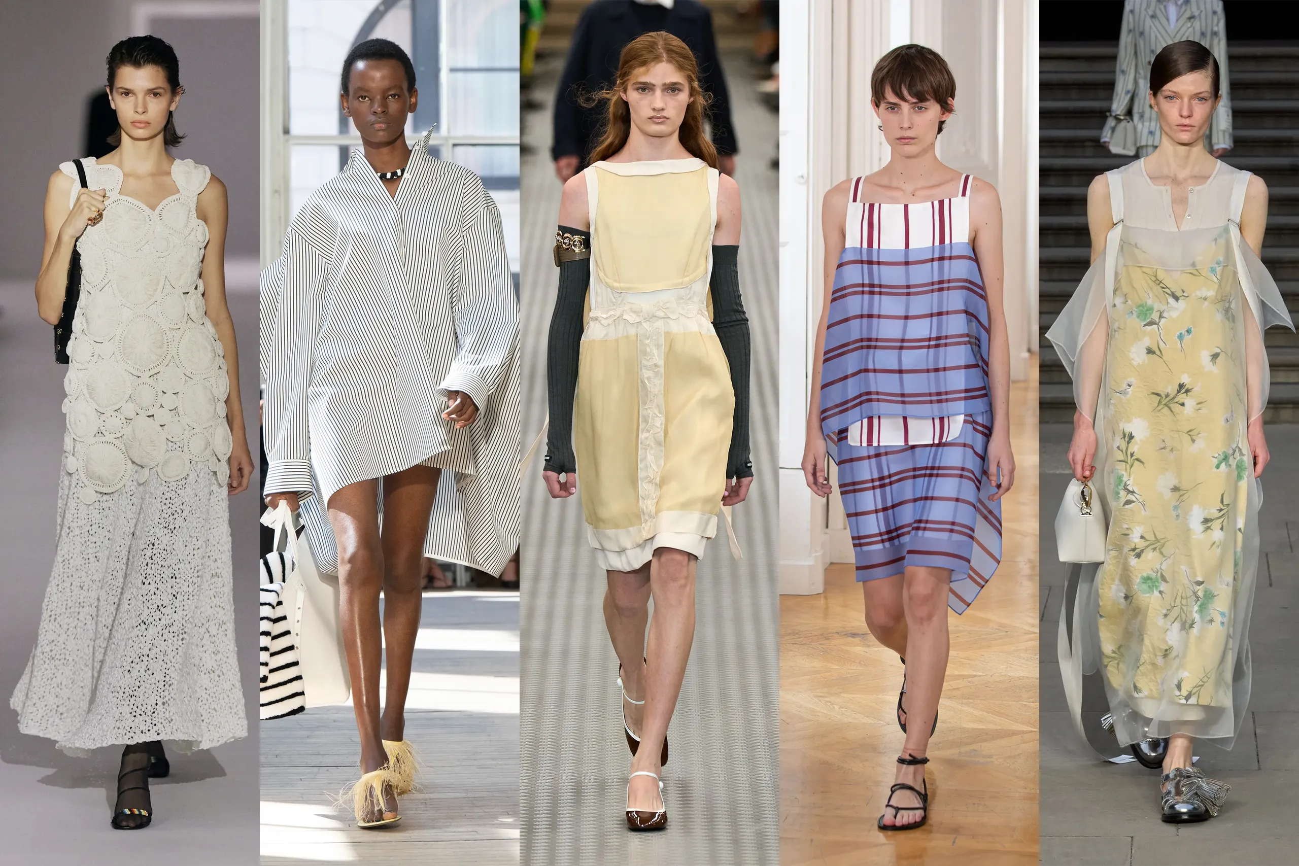 Runway models showcasing modern mini and midi dresses in various trendy styles and fabrics for 2025 fashion trends.