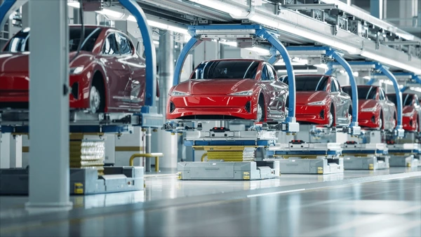 Electric cars on automated assembly line in a modern vehicle manufacturing plant
