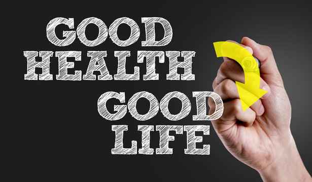 Good Health Good Life hand writing with yellow arrow on black background