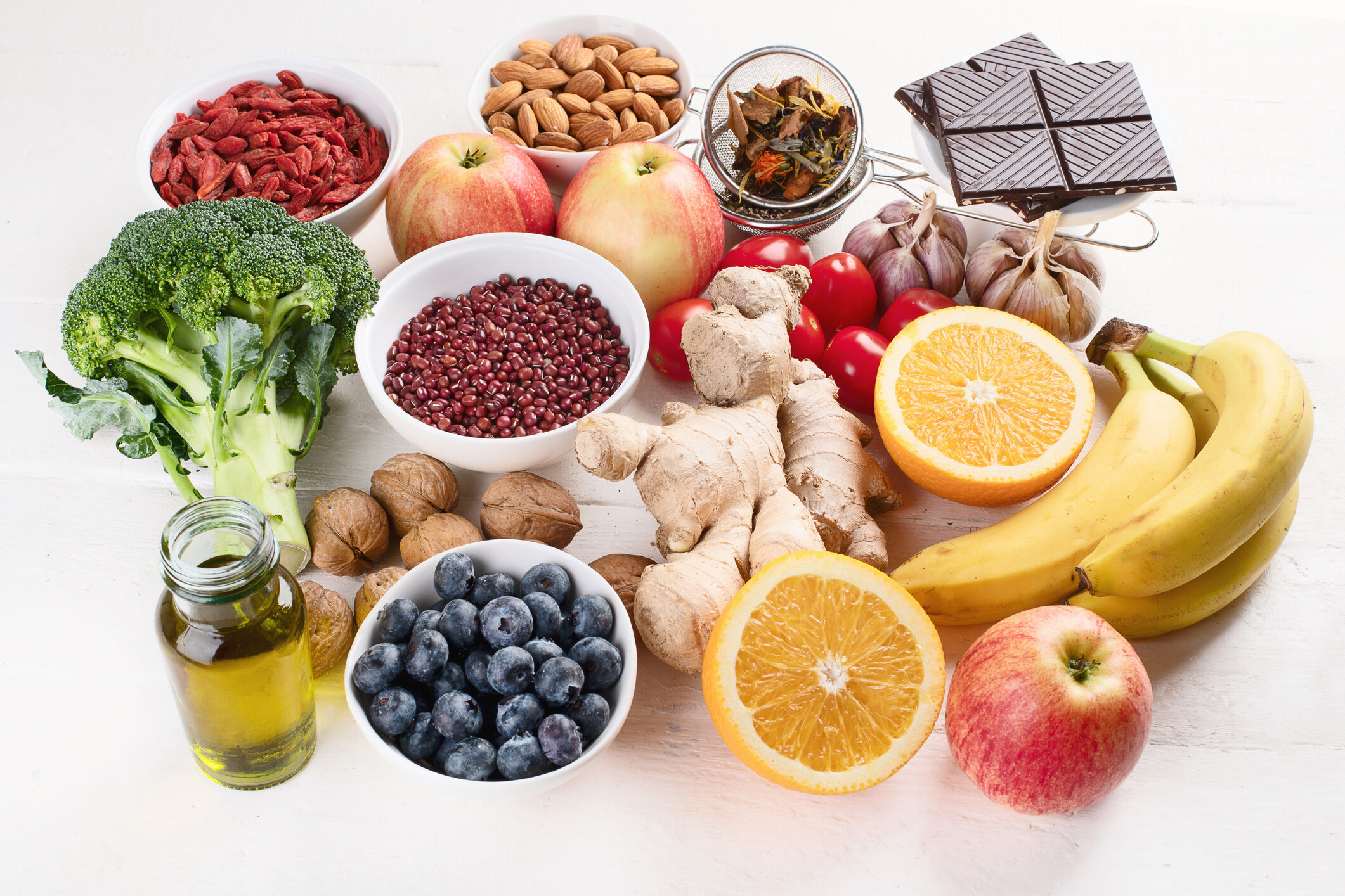 A variety of fresh fruits, vegetables, nuts, and herbs to naturally boost immunity