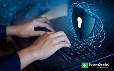 10 Ways to keep your personal information secure online Hands typing on a laptop keyboard with a digital security shield overlay, symbolizing website protection and data encryption.