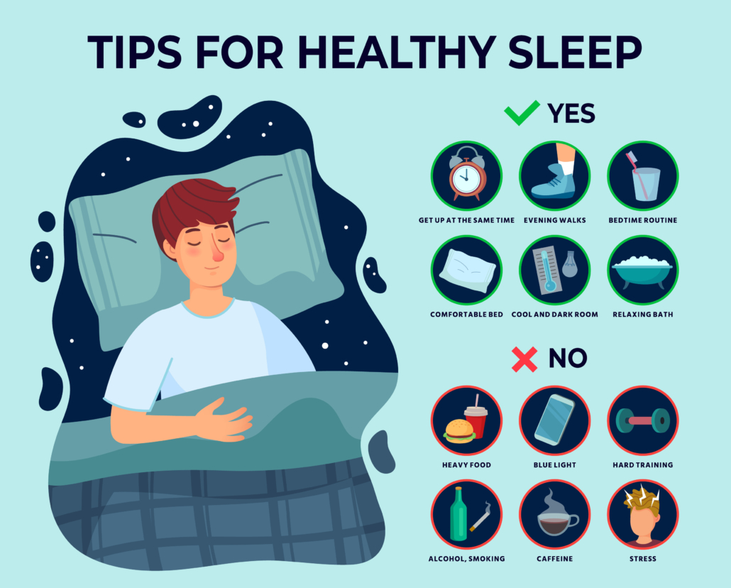 Infographic showing healthy sleep tips with dos and don'ts, including consistent sleep schedule and avoiding screens.