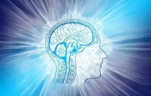 Illustration of human brain and consciousness with radiant energy
