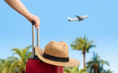 A person holding a red suitcase with a straw hat on top, with a plane flying in the background and palm trees under a blue sky