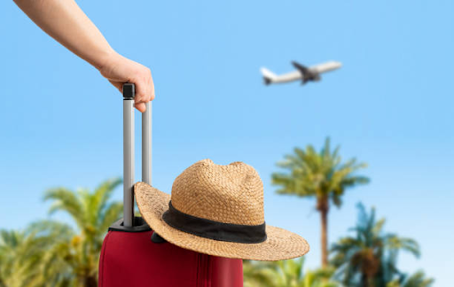 A person holding a red suitcase with a straw hat on top, with a plane flying in the background and palm trees under a blue sky