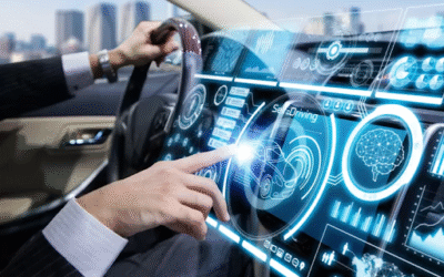 Automotive Industry The Journey of speed and Progress Man interacting with futuristic self-driving car dashboard interface with AI and digital data display.