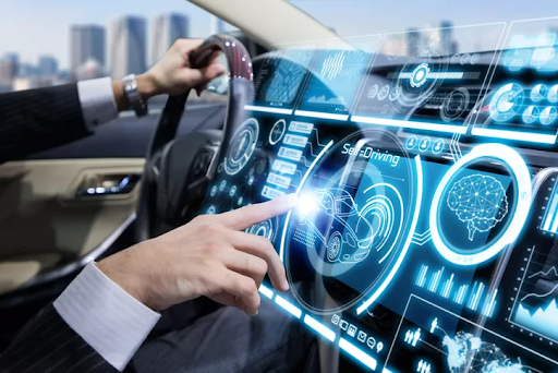 Man interacting with futuristic self-driving car dashboard interface with AI and digital data display.