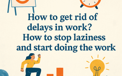 How to get rid of delays in work? How to stop laziness and start doing the work Motivational graphic on overcoming laziness and work delays with productivity icons and energetic design