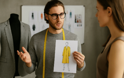 How Design Consulting Shapes Modern Fashion Trends Fashion design consultant discussing modern trends with a model, holding a yellow coat sketch in a studio