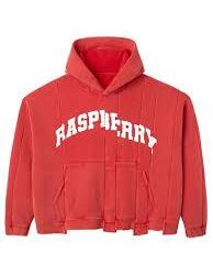 Peace in War Clothing: A Bold Statement of Style and Meaning Red hoodie with the word "RASPBERRY" printed on the front, designed with vertical slit-style details for a deconstructed, edgy look