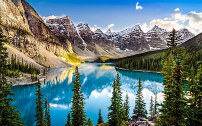 National Parks : A magical view of nature in developed countries Scenic view of Moraine Lake with turquoise water, pine trees, and snow-covered Rocky Mountains in Banff National Park, Canada