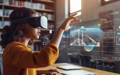 Future of Virtual Reality in Education Student using virtual reality headset for immersive learning in a digital classroom environment
