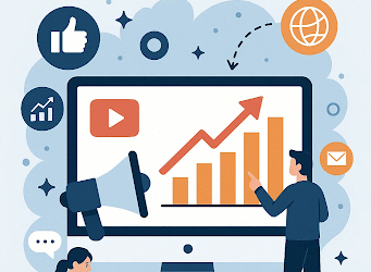 Digital Marketing: A Powerful Business Tool in Modern Times "Digital marketing concept illustration showing a man analyzing growth charts on a computer screen and a woman working on a laptop, surrounded by icons representing email, social media, and global communication."