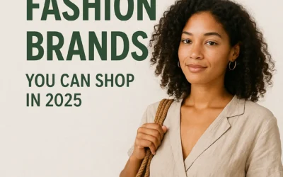 Affordable Sustainable Fashion Brands You Can Shop in 2025 A woman wearing a beige linen dress and carrying a woven jute bag poses in front of a plain background with bold text that reads "Affordable Sustainable Fashion Brands You Can Shop in 2025."