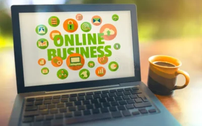 How to Grow Your Online Business Using Social Media A complete guide Online business setup on laptop screen with marketing icons and a coffee mug on wooden table