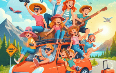 Family Vacation Ideas: The Ultimate Guide for Memorable Getaways Happy family enjoying a road trip in a colorful car with kids, parents, and luggage—perfect illustration for family vacation ideas and travel adventures