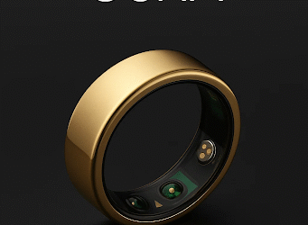 Oura Ring Its Identification and How it Works Oura Ring Golden Oura Ring smart wearable device with visible sensors, displayed on a black background.