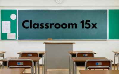 Classroom 15x: Innovation and Technology in the Future of Learning Classroom 15x – Empty school classroom with desks, chairs, and blackboard