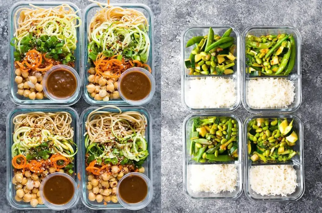 Healthy vegan meal prep ideas with noodles, chickpeas, vegetables, and rice in glass containers for a balanced plant-based diet.