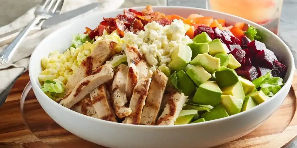 Healthy recipes bowl with grilled chicken, avocado, eggs, beets, tomatoes, and fresh greens arranged in a colorful salad.