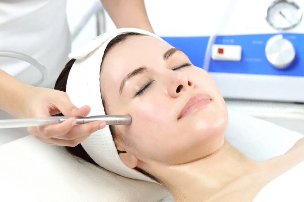 Woman receiving professional anti-aging treatment at a skincare clinic to rejuvenate and tighten skin.