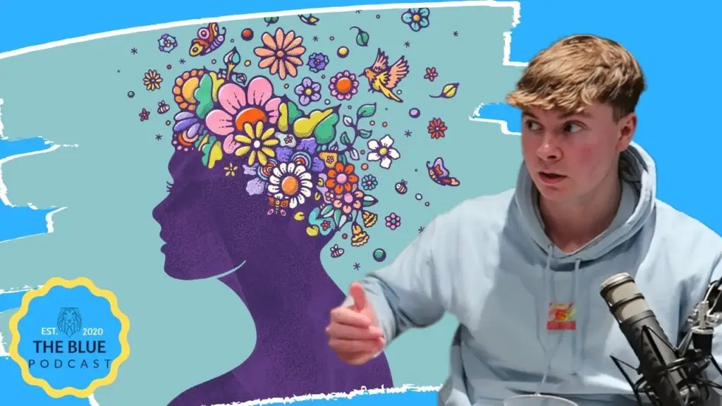 Mental health awareness concept showing a man podcasting beside an illustration of a head filled with colorful flowers and positive thoughts.