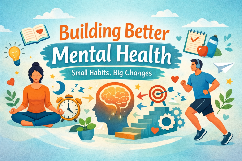 Illustration of mental health with a meditating woman, a jogging man, brain symbol, clock, and wellness icons representing small daily habits for emotional well-being.