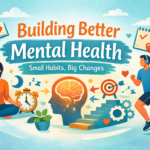 Illustration of mental health with a meditating woman, a jogging man, brain symbol, clock, and wellness icons representing small daily habits for emotional well-being.
