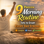 Morning routine tips showing a man waking up energized at sunrise to start the day strong