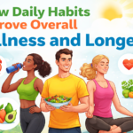 Wellness and longevity illustrated through daily healthy habits including exercise, balanced nutrition, hydration, meditation, and active lifestyle routines