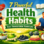 Health habits illustration showing exercise, meditation, healthy food, hydration, and sleep routine